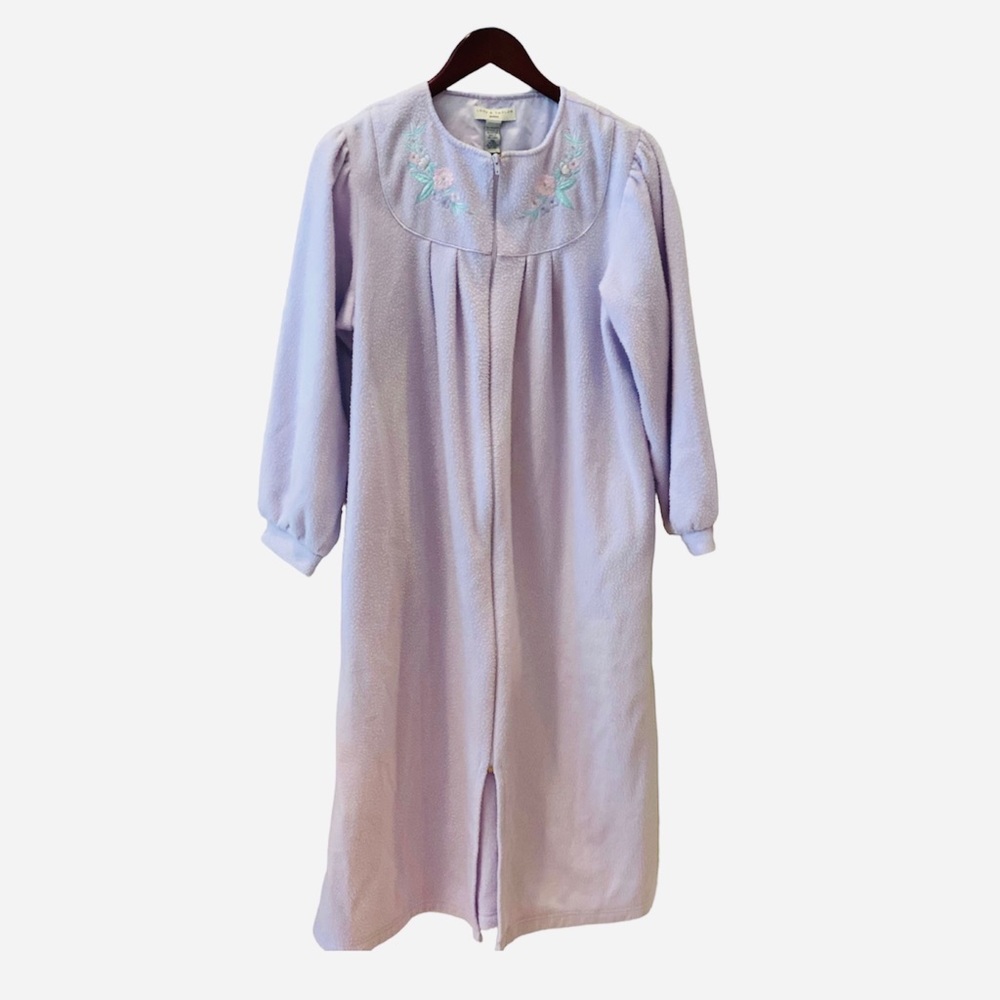 Vintage Lord & Taylor Purple Fleece Zip Robe Housecoat S Floral Embroidered